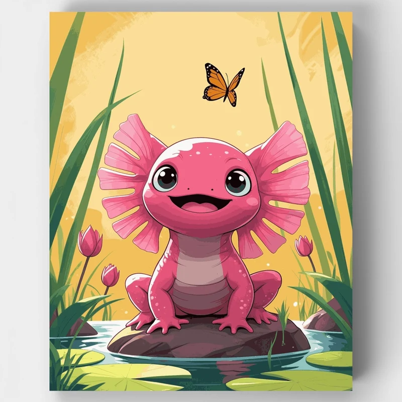 Smiling Pink Axolotl with Butterfly - Paint by Numbers Kit