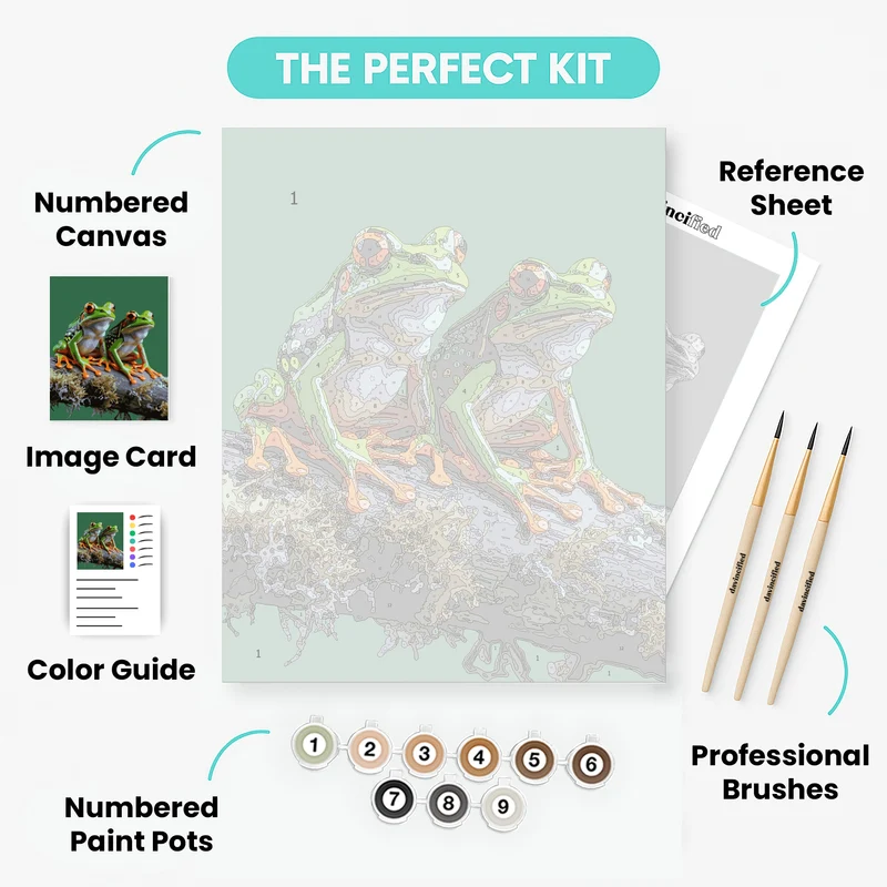 Two Red-Eyed Tree Frogs on a Mossy Branch - Paint by Numbers Kit