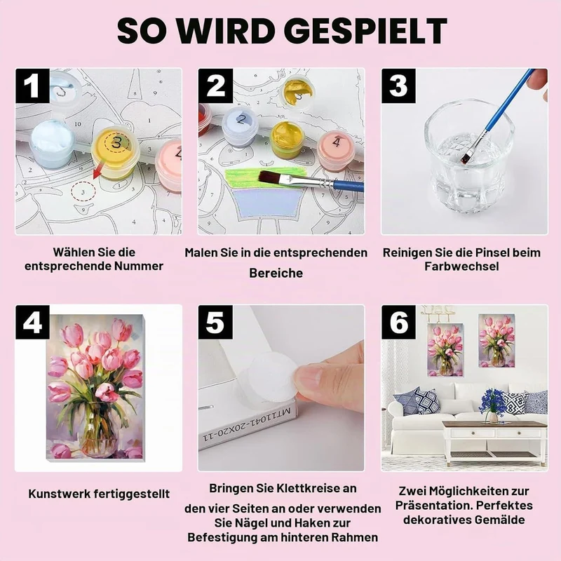 Malen nach Zahlen Rosa Blumen mit Rahmen für Erwachsene