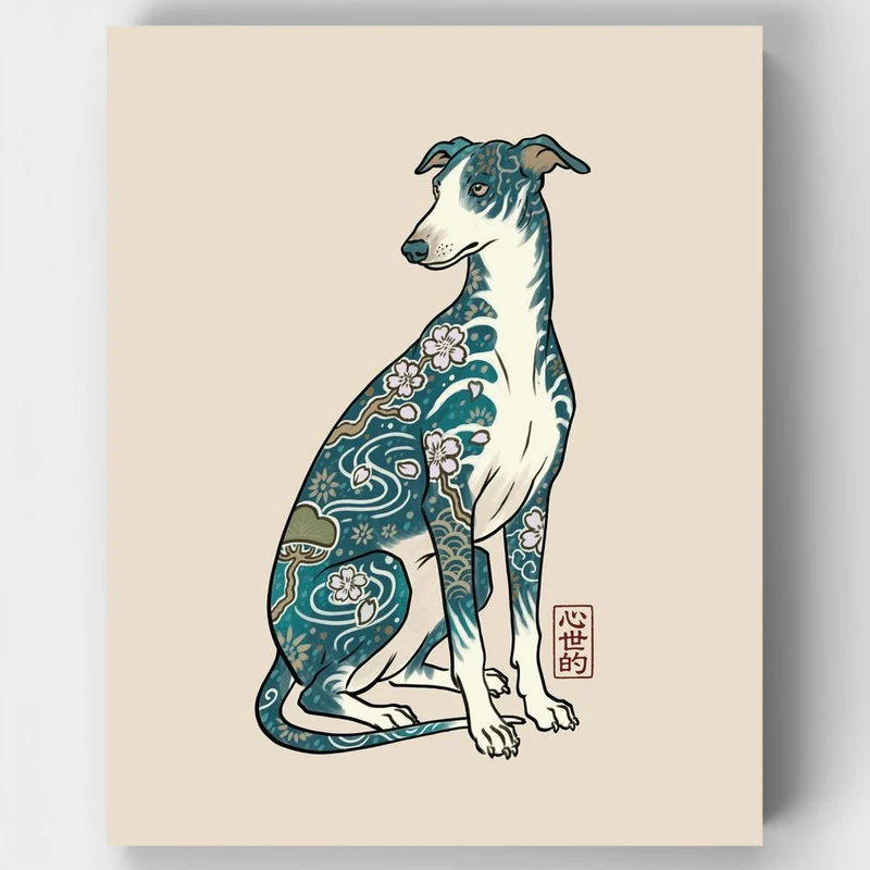 "Greyhound Dog and cherry blossoms" Paint by Numbers Kit