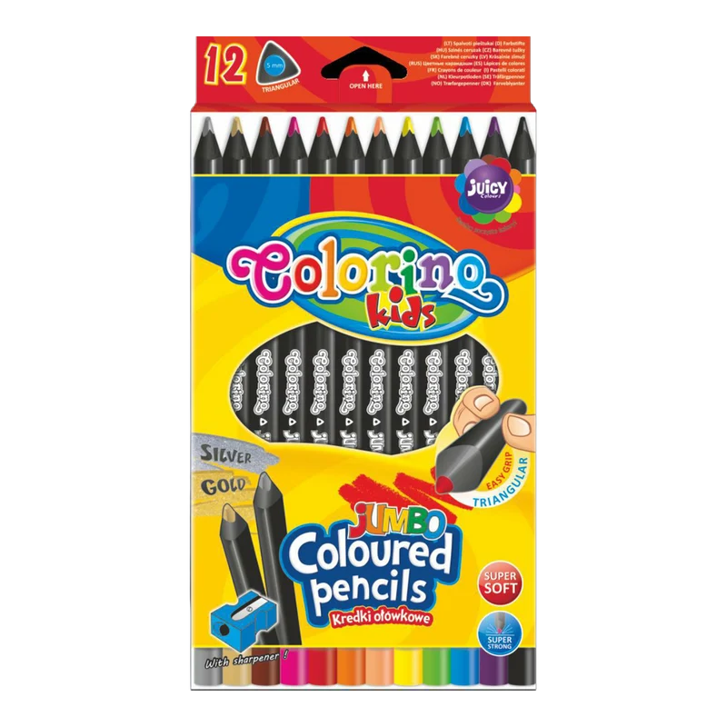 Pastelli triangolari JUMBO Colorino in legno nero con temperamatite - 12 colori