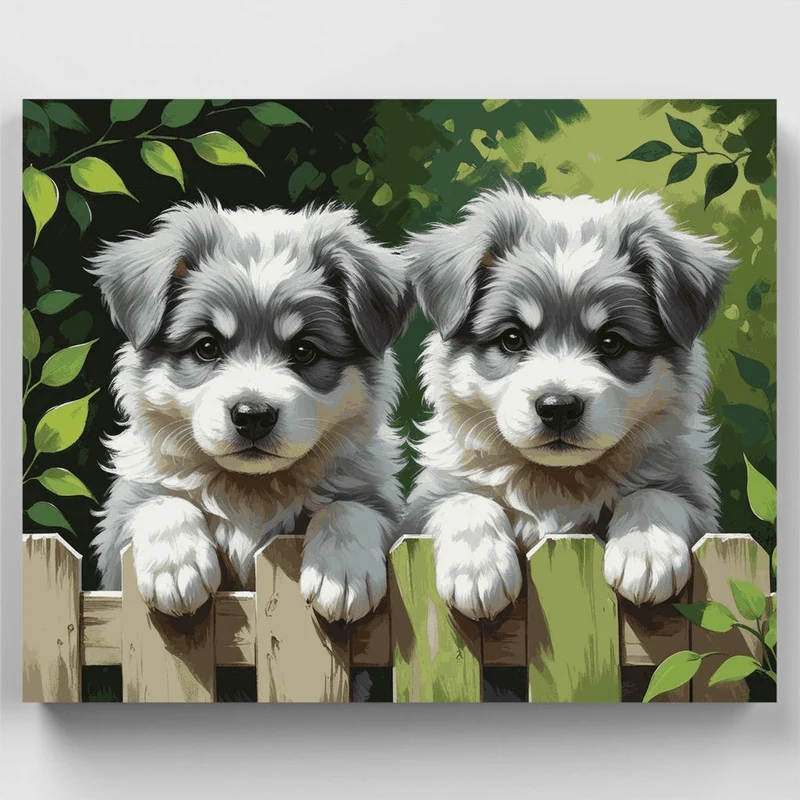 Two Adorable Puppies Peeking Over Fence - Paint by Numbers Kit