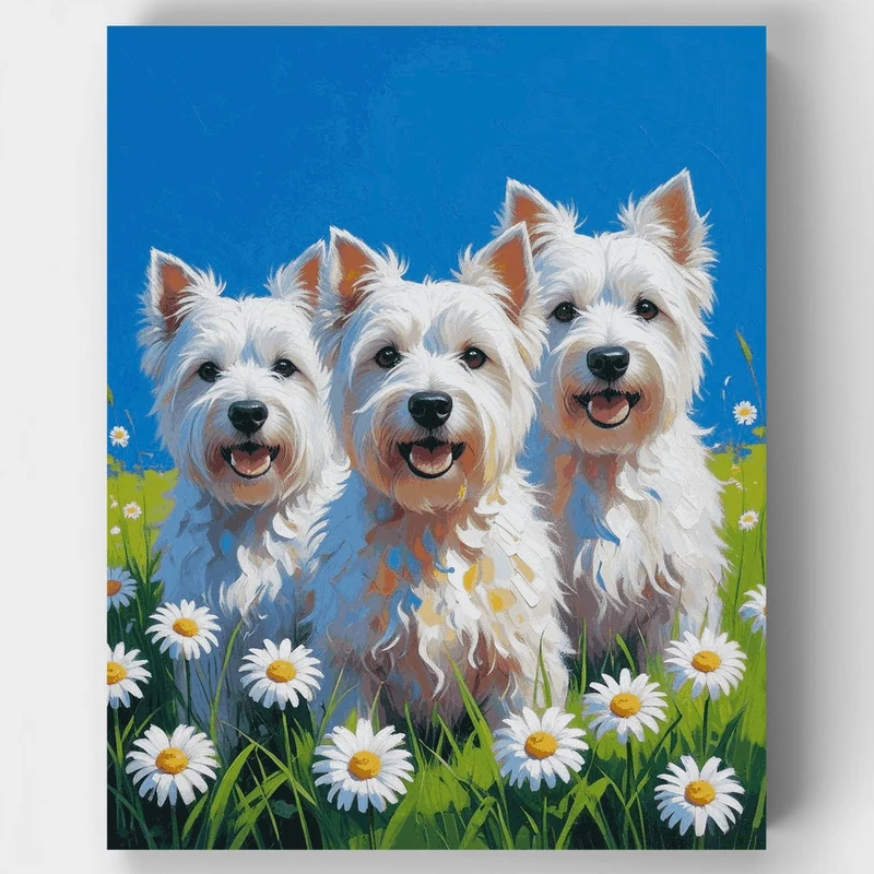 Three Happy Westies in Daisy Field - Paint by Numbers Kit