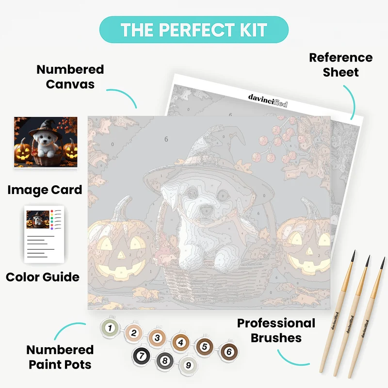 Adorable White Puppy Halloween Witch - Paint by Numbers Kit