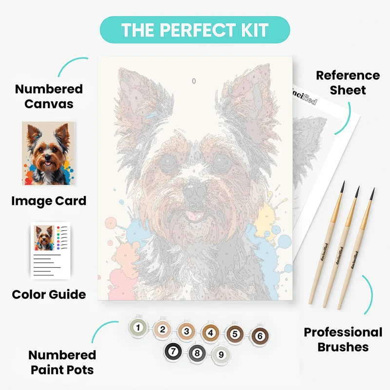 Adorable Yorkshire Terrier with Colorful Paint Splashes - Paint by Numbers Kit