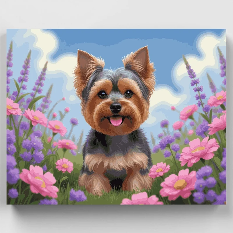 Yorkshire Terrier in Flower Garden - Paint by Numbers Kit
