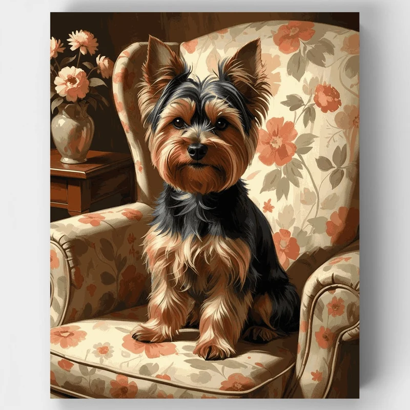 Yorkshire Terrier on Floral Chair - Paint by Numbers Kit