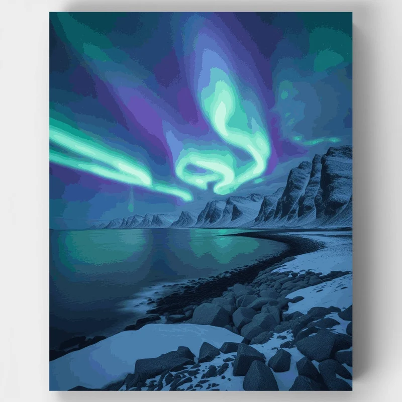 Aurora Borealis Over Snowy Coastal Mountains - Paint by Numbers Kit