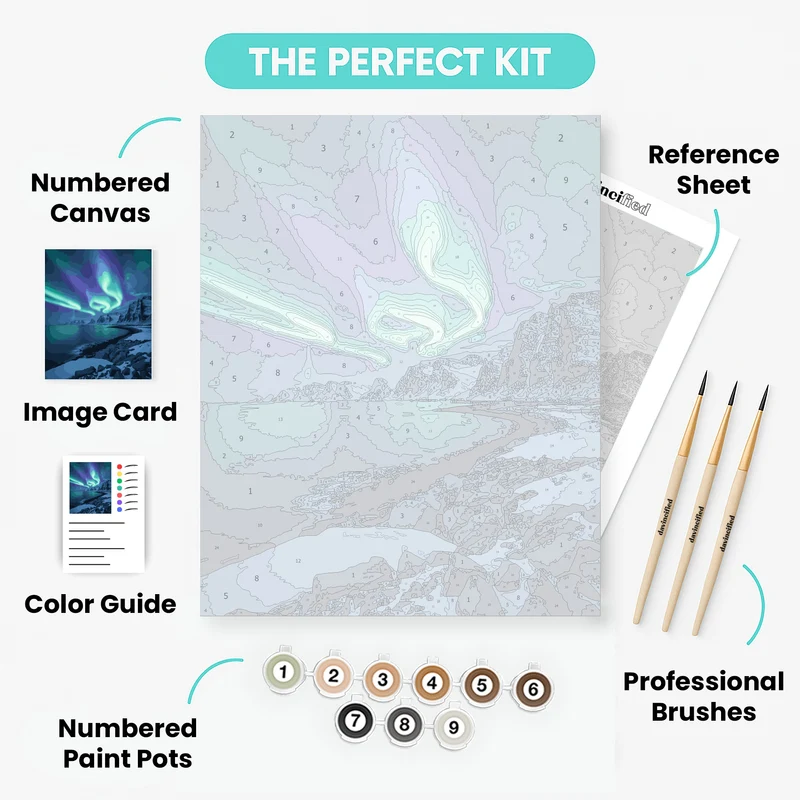 Aurora Borealis Over Snowy Coastal Mountains - Paint by Numbers Kit