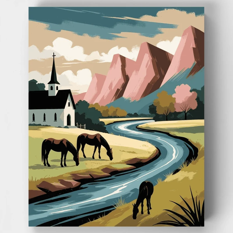 Pastoral Valley with Church and Mountains - Paint by Numbers Kit