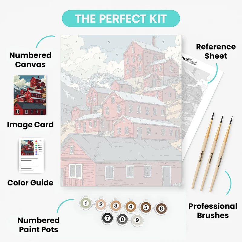 Mountain Mining Town Red Buildings - Paint by Numbers Kit