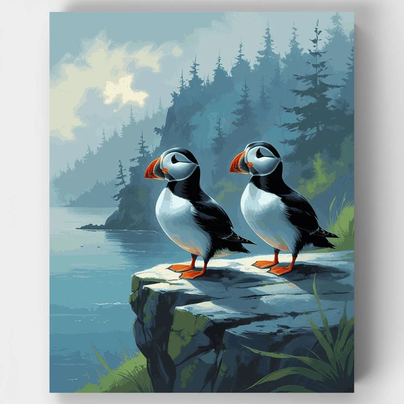 Two Puffins on Coastal Rocks - Paint by Numbers Kit