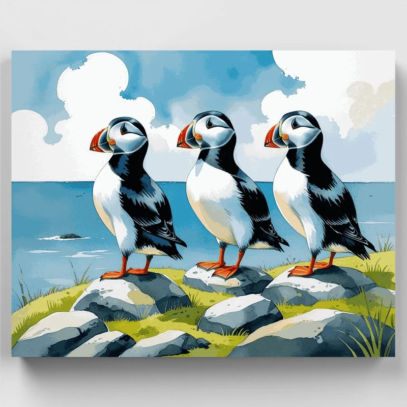 Three Puffins by the Sea - Paint by Numbers Kit
