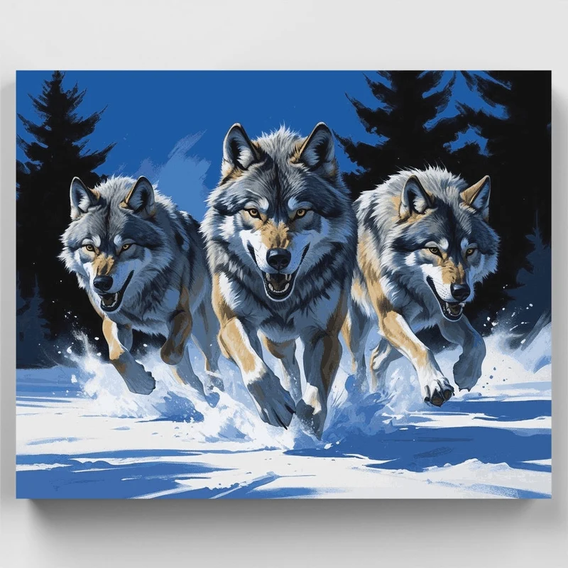 Three Wolves Running Through Snow - Paint by Numbers Kit