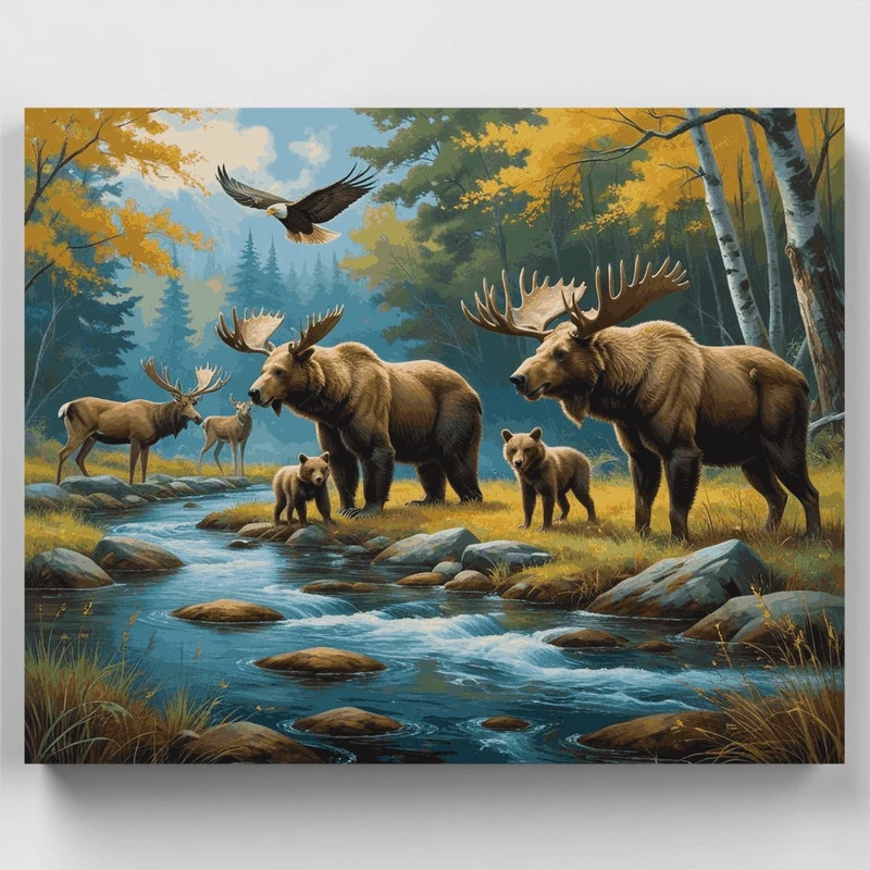 Forest Wildlife Scene with Bears and Moose - Paint by Numbers Kit