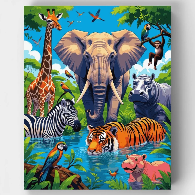 Safari Animals at the Watering Hole - Paint by Numbers Kit