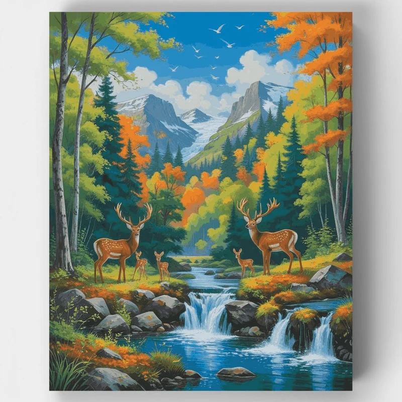 Autumn Forest Stream with Deer Family - Paint by Numbers Kit