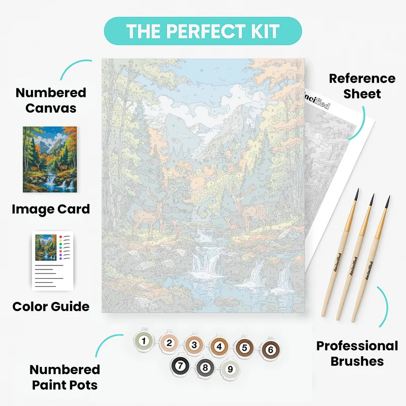 Autumn Forest Stream with Deer Family - Paint by Numbers Kit