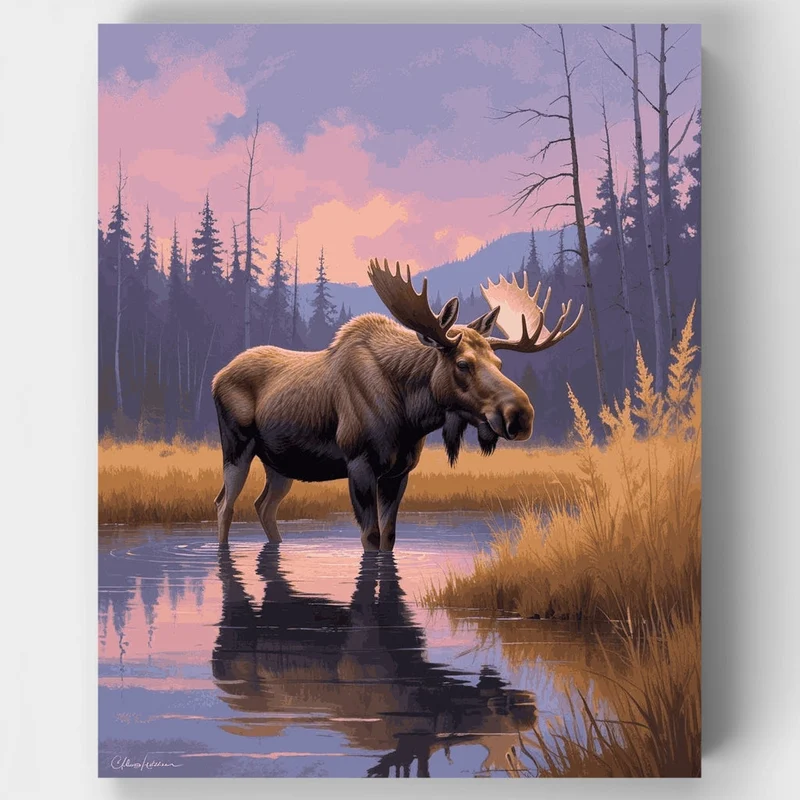 Majestic Moose at Sunset Lake - Paint by Numbers Kit