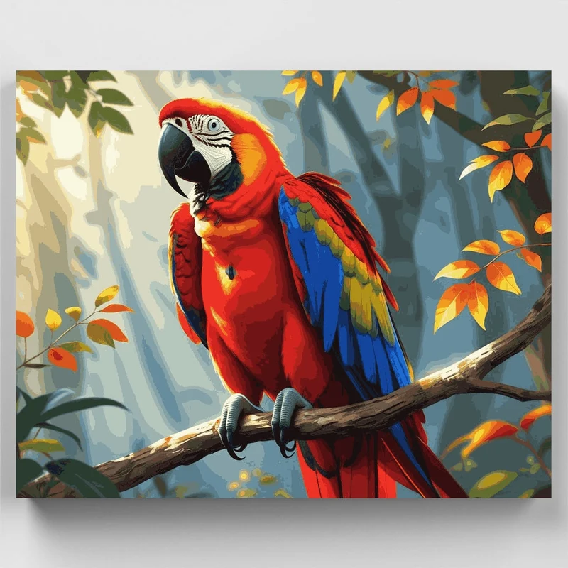 Vibrant Scarlet Macaw Perched on Branch - Paint by Numbers Kit