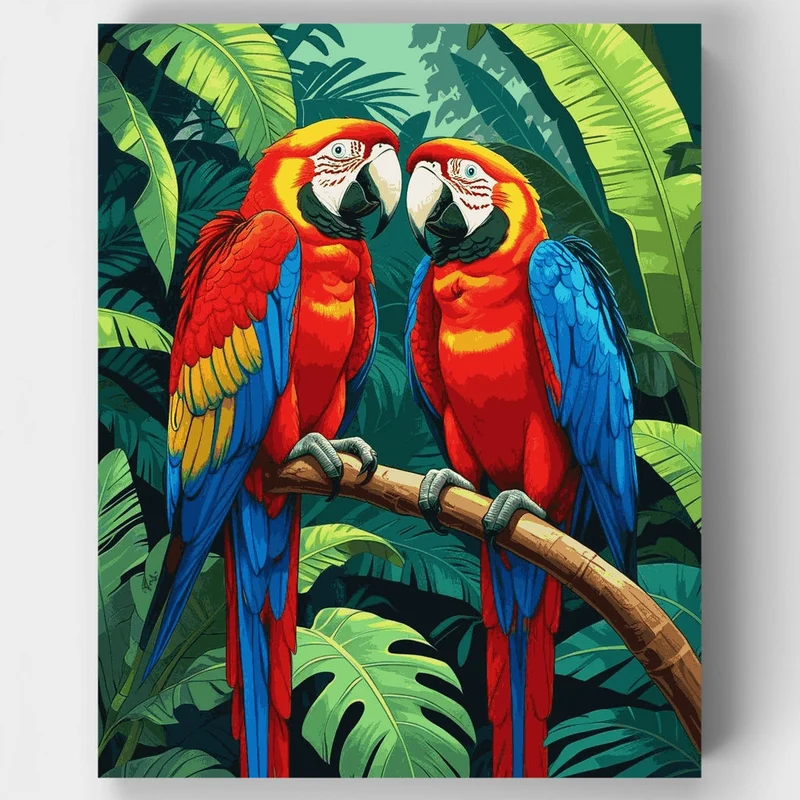 Scarlet Macaws on Branch in Tropical Paradise - Paint by Numbers Kit