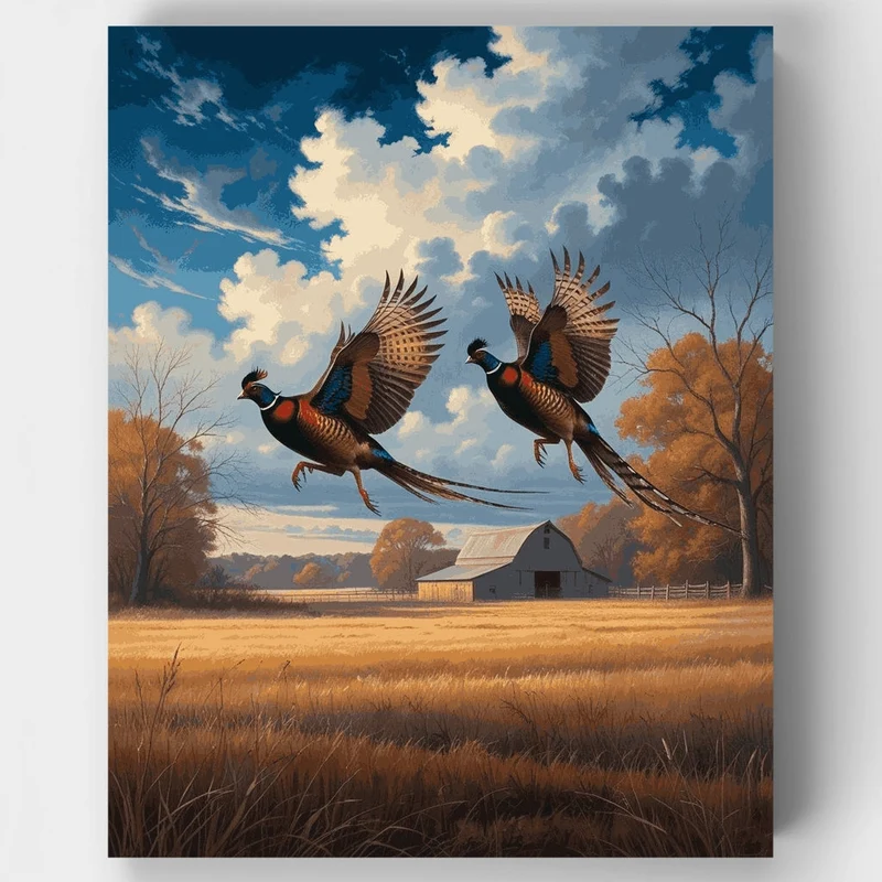 Pheasants in Flight Over Farmland - Paint by Numbers Kit