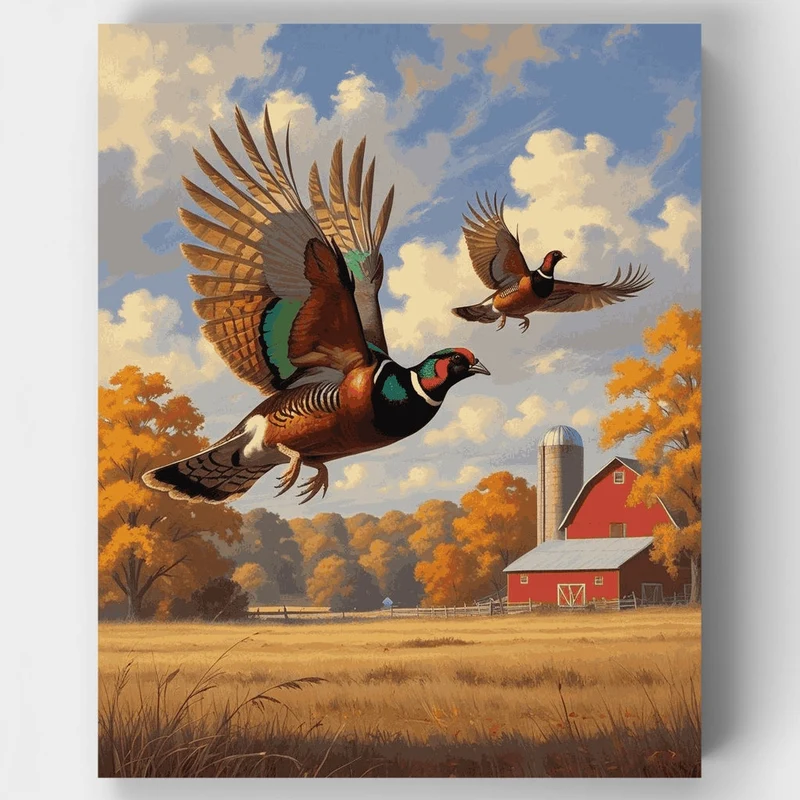 Pheasants in Flight Over Autumn Farm - Paint by Numbers Kit