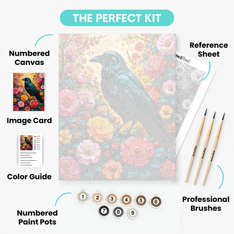 Blue Raven Among Vibrant Flowers - Paint by Numbers Kit
