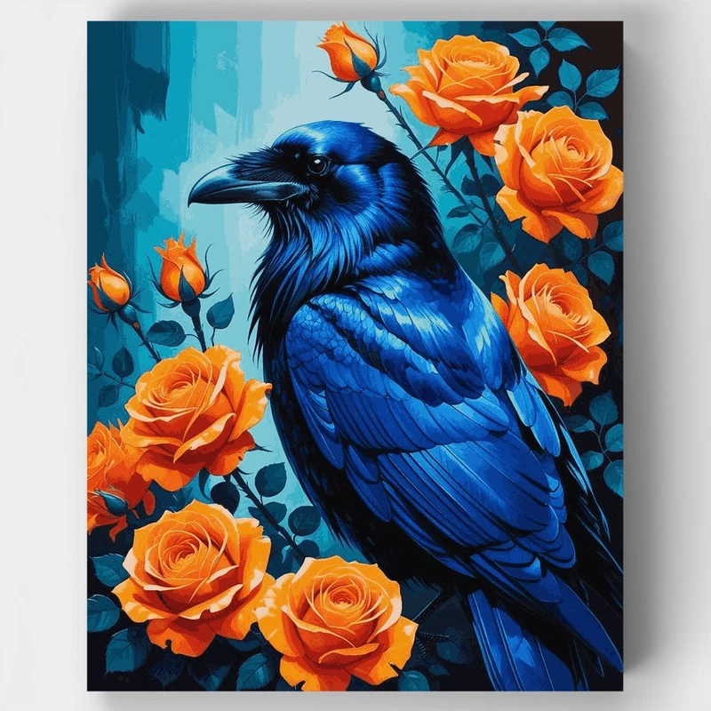 Blue Raven with Orange Roses - Paint by Numbers Kit