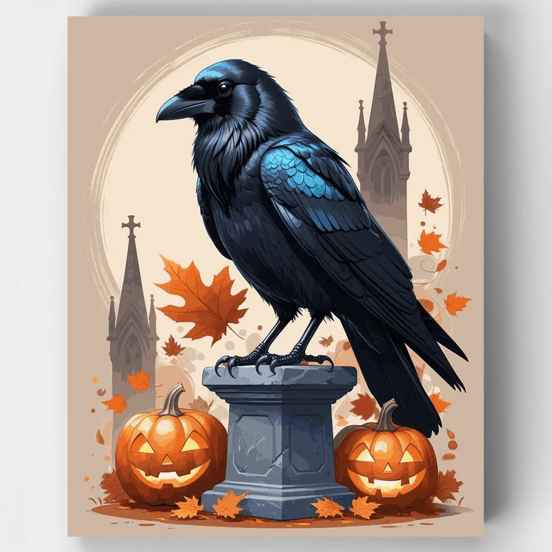 Gothic Raven with Halloween Pumpkins - Paint by Numbers Kit