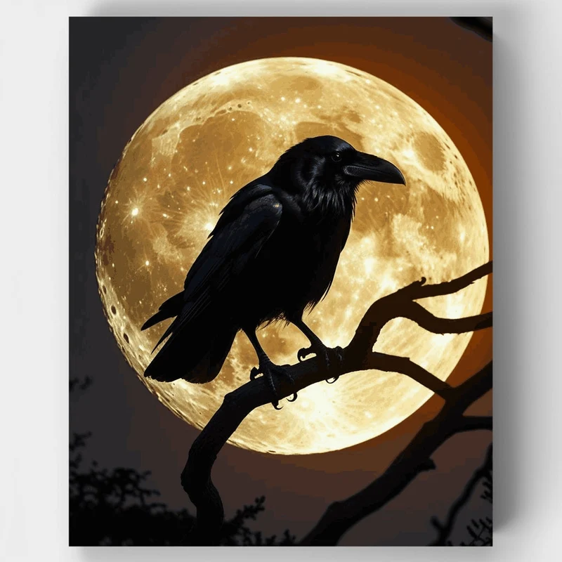 Raven Silhouette Against Full Moon - Paint by Numbers Kit