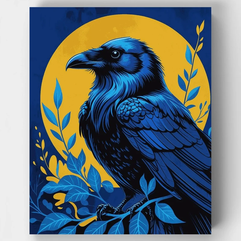 Majestic Blue Raven Under Golden Moon - Paint by Numbers Kit