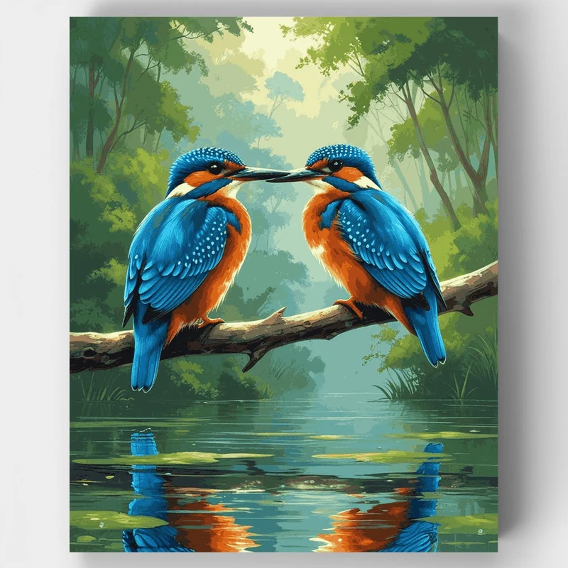 Two Kingfishers on Branch - Paint by Numbers Kit