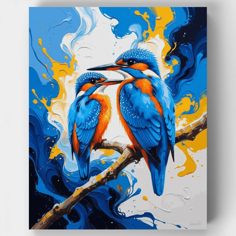 Majestic Kingfisher Duo with Abstract Splash - Paint by Numbers Kit