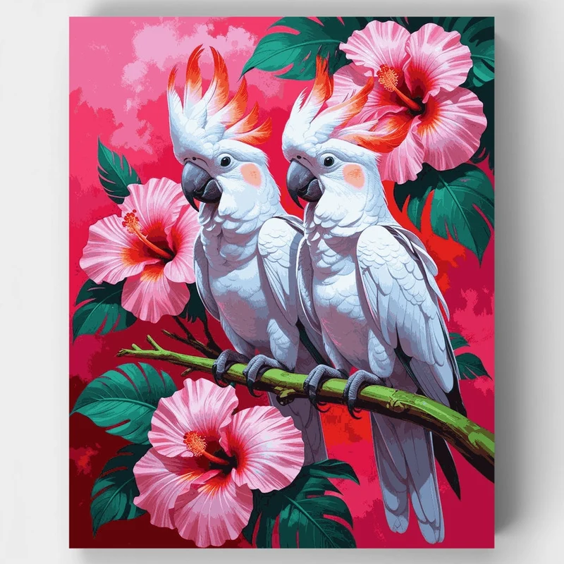 Tropical Cockatoos with Hibiscus Flowers - Paint by Numbers Kit