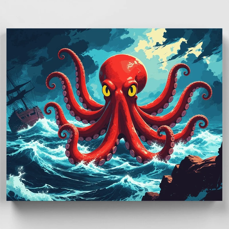 Giant Red Octopus Sea Monster - Paint by Numbers Kit