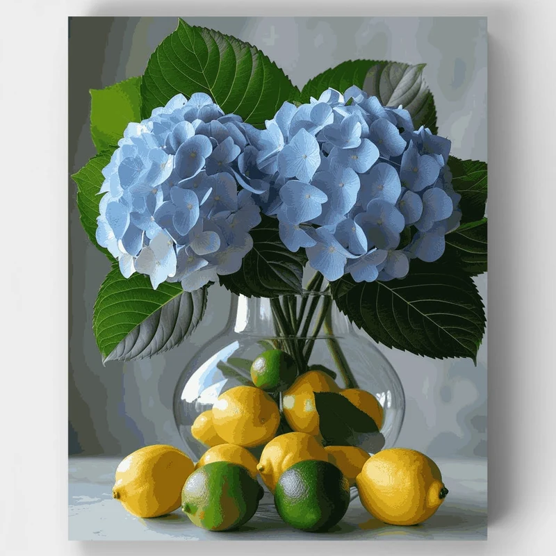 Blue Hydrangeas with Lemons Still Life - Paint by Numbers Kit