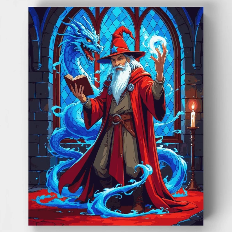 Wizard Summoning Blue Dragon - Paint by Numbers Kit