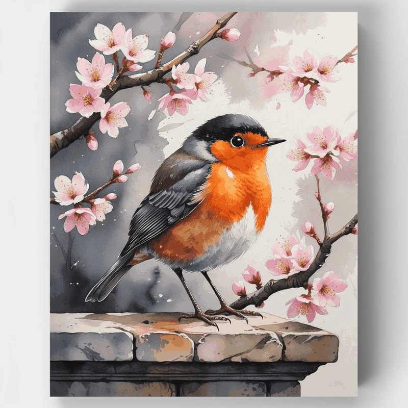 Robin Among Cherry Blossoms - Paint by Numbers Kit