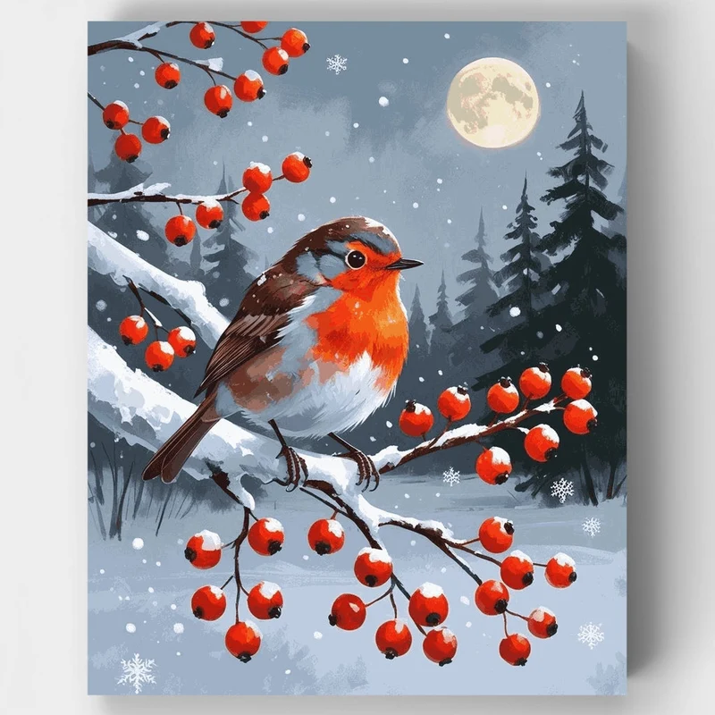 Winter Robin on Snowy Berries - Paint by Numbers Kit
