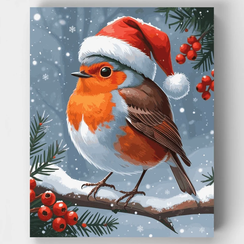 Christmas Robin in Santa Hat - Paint by Numbers Kit