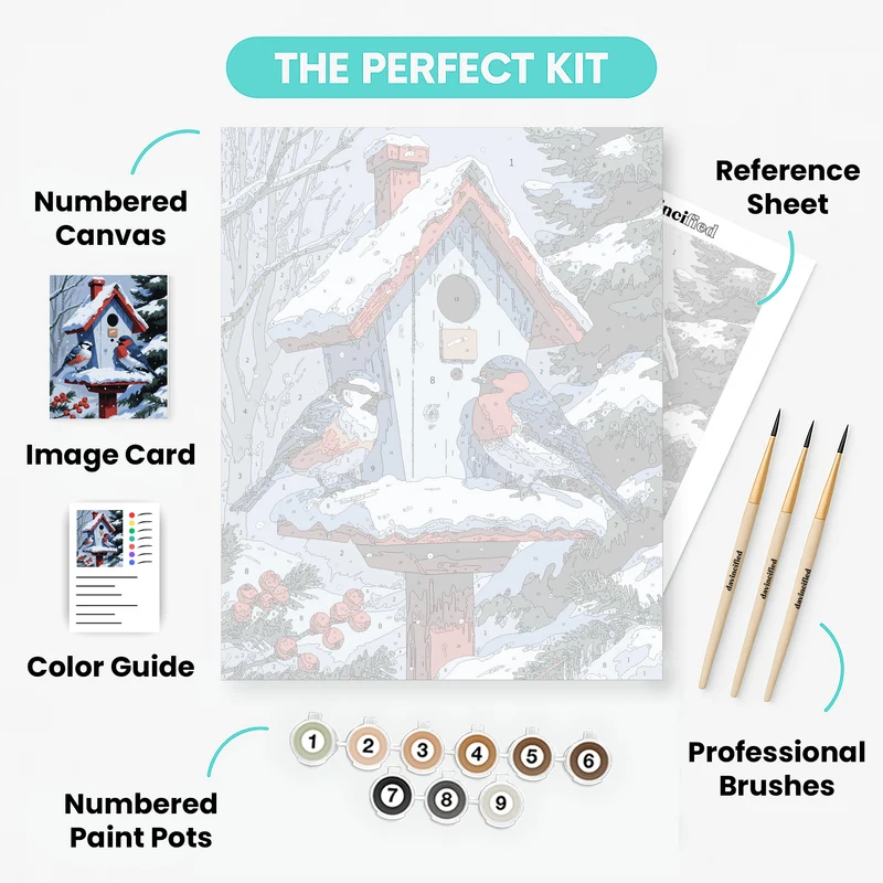 Snowy Birdhouse Visitors - Paint by Numbers Kit