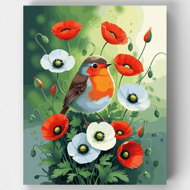 Robin Among Red and White Poppies - Paint by Numbers Kit