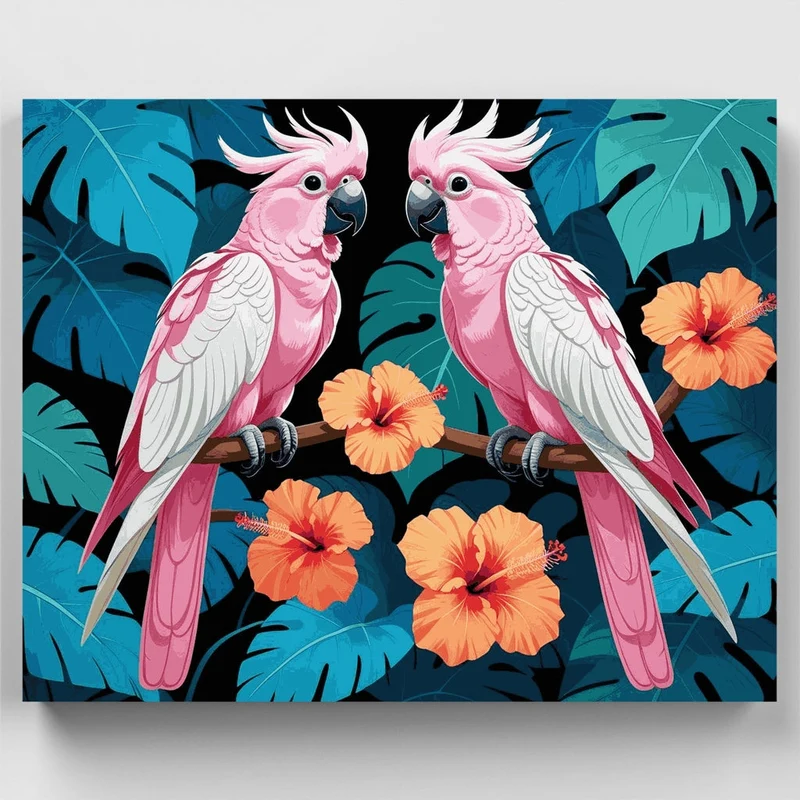 Pink Cockatoos with Tropical Flowers - Paint by Numbers Kit