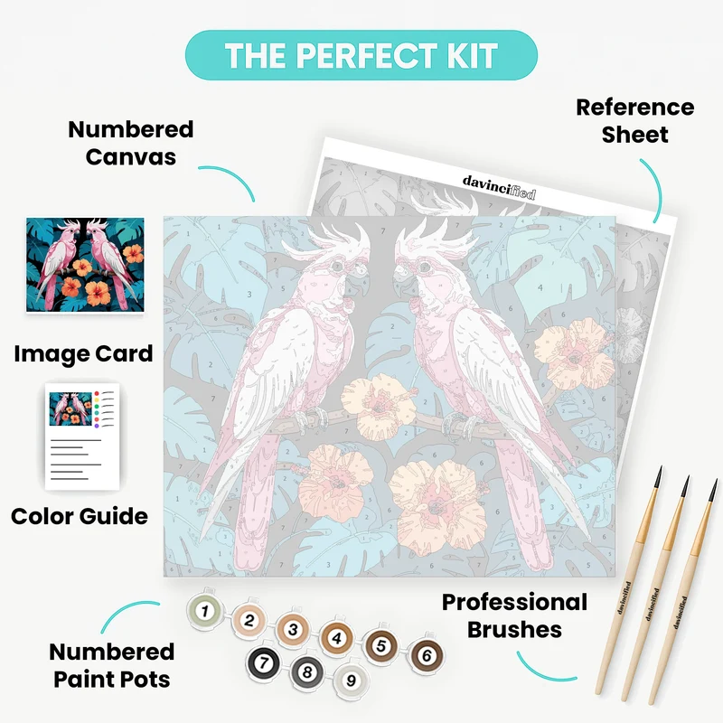 Pink Cockatoos with Tropical Flowers - Paint by Numbers Kit