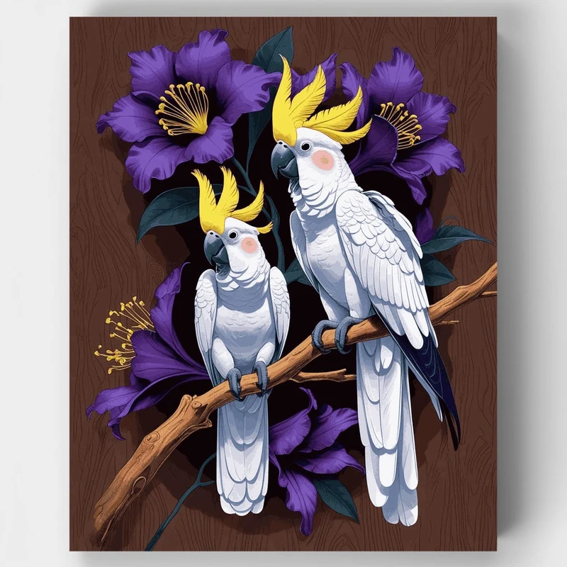 Sulphur-Crested Cockatoos with Purple Flowers - Paint by Numbers Kit