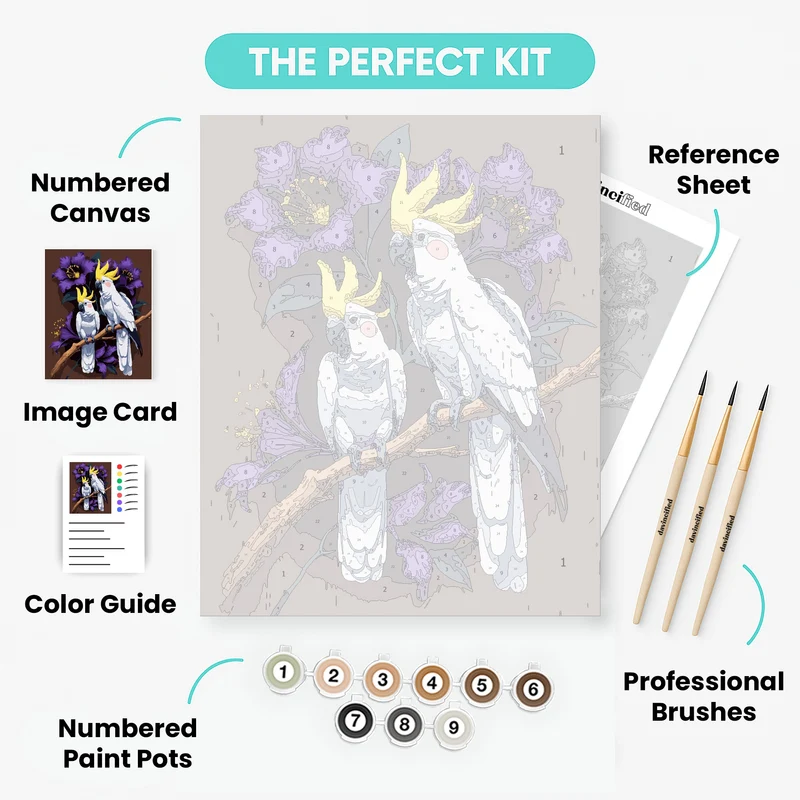 Sulphur-Crested Cockatoos with Purple Flowers - Paint by Numbers Kit