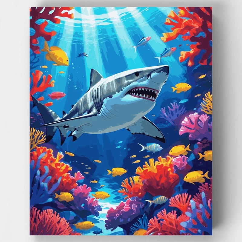 Great White Shark in Coral Reef Paradise - Paint by Numbers Kit