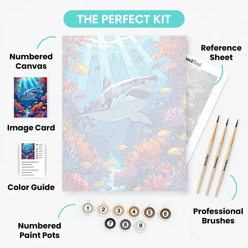 Great White Shark in Coral Reef Paradise - Paint by Numbers Kit