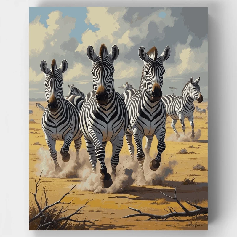 Zebras Running Across African Savanna - Paint by Numbers Kit